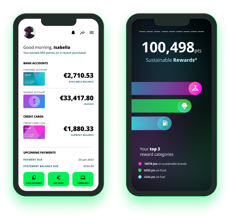 The user interfaces for bank account overviews and customer rewards, part of the Experience banking system deployable through Converge Banking