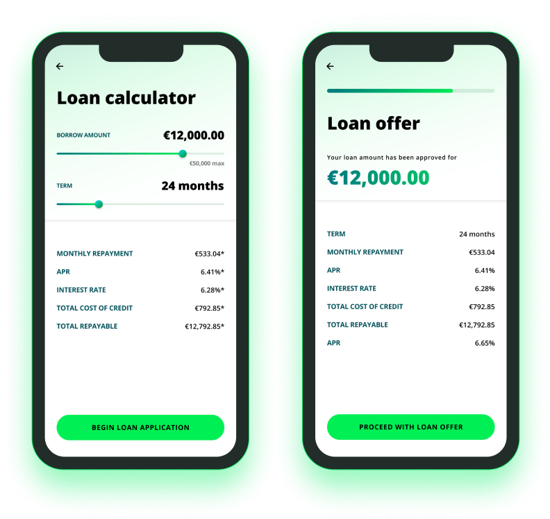 The user interfaces for calculating loans and loan offers as part of the lending banking solution within Converge Banking