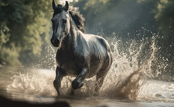 black horse galloping in river