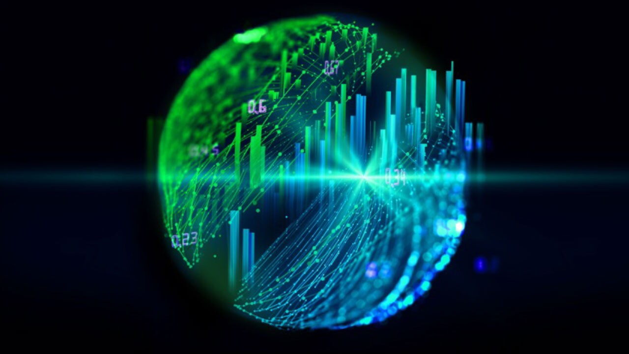 Evergreen operations abstract hero image of stocks in simulated green globe droplet