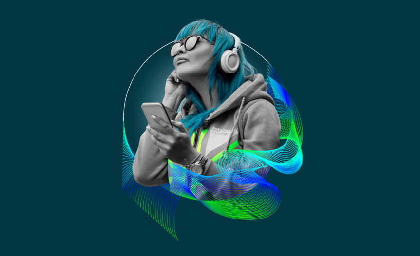 illustration of a women with headphones and mobile