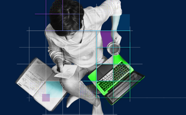 Illustrated top view of a person with a gadget and book containing square grids