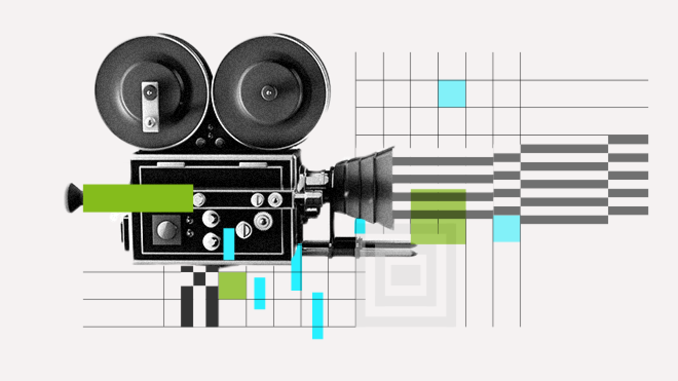 abstract art containing random squares, lines and vintage camera