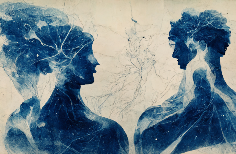 abstract art illustration portraying 2 human figures with lines like a tree