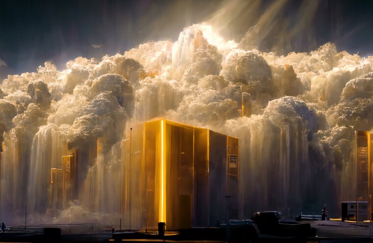 abstract art illustrations portraying rays of light, shining building and clouds in the sky