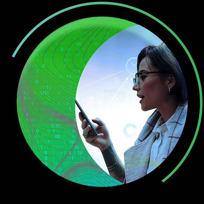 Woman using smartphone with digital telecom overlay