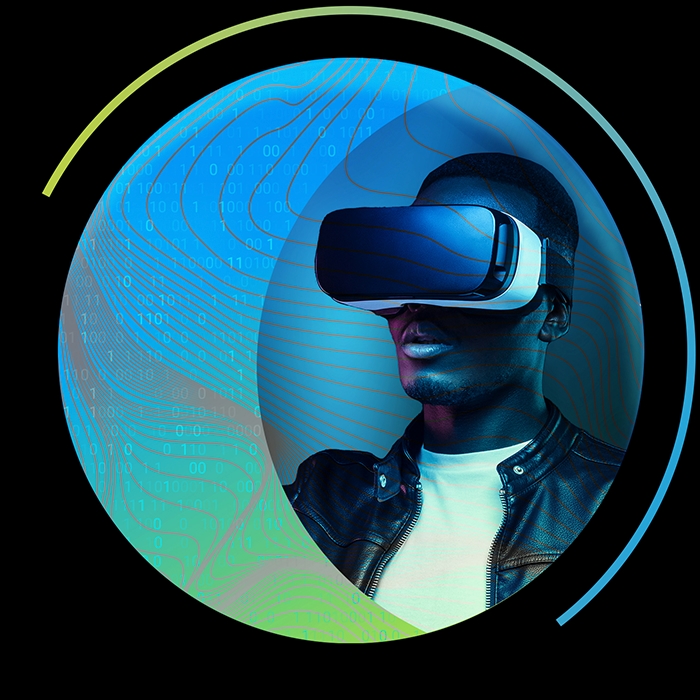 Person wearing a VR headset inside a blue-toned circular digital graphic on a black background.