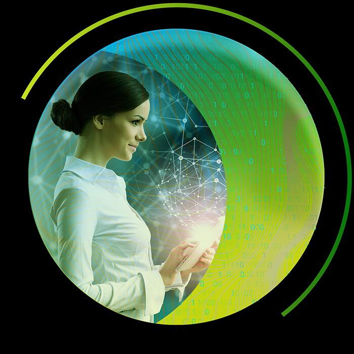 Woman holding a glowing digital device inside a green circular graphic on a black background