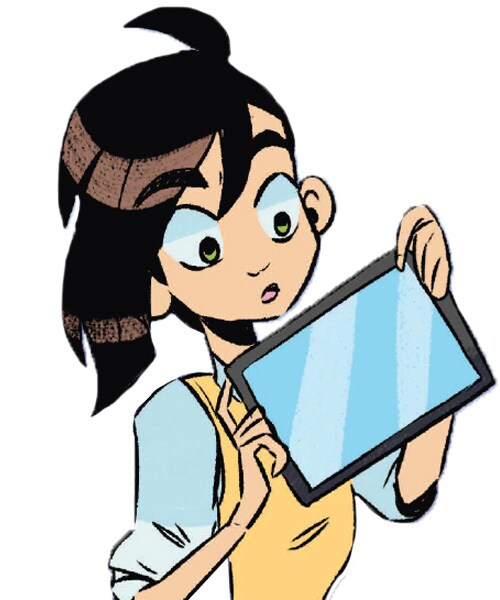 Cartoon van Ella die een tablet vasthoudt
